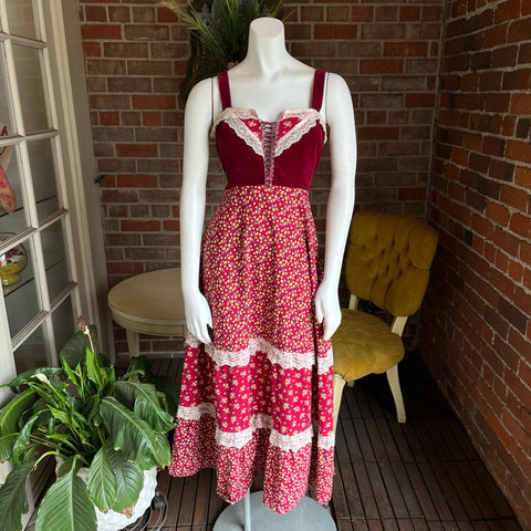 1970s Red Velvet and Floral Prairie Dress