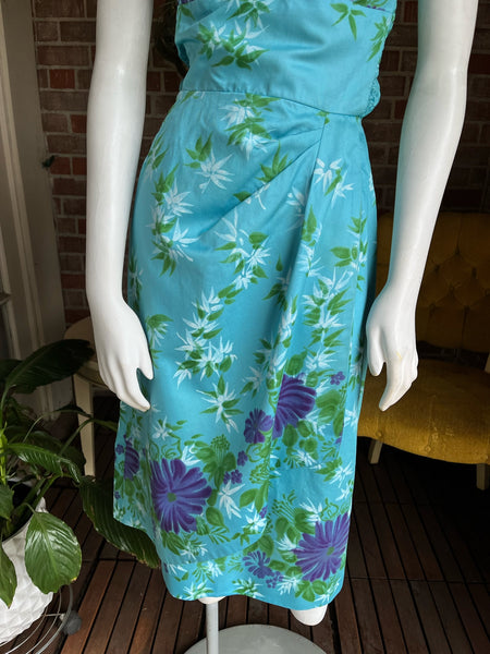 1950s Waltah Clarke Blue Hawaiian Dress