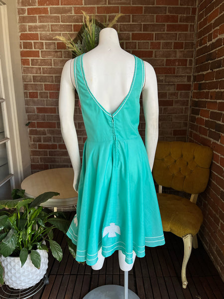 1970s Turquoise Bird Patch Pinafore