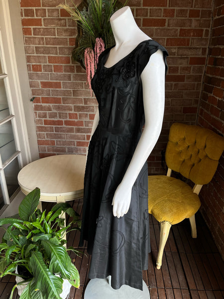 1950s Black Satin Soutache Dress