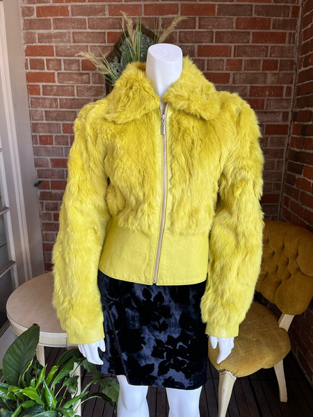 Y2K Chartreuse Rabbit and Leather Trim Fur Jacket