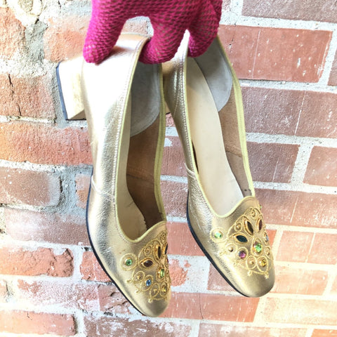 1960s Gold Jewel Square Toe Pumps