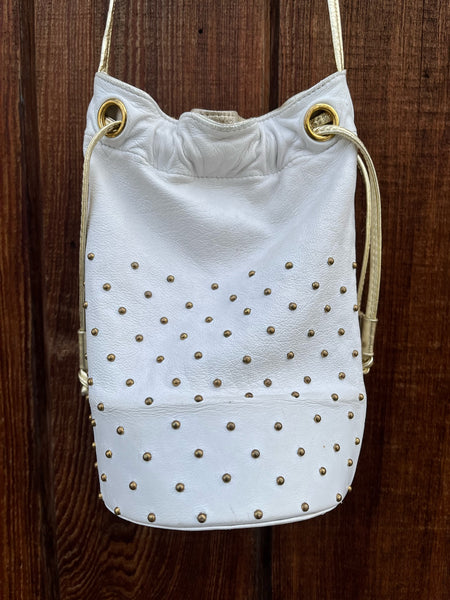 1980s White and Gold Studded Drum Crossbody Purse