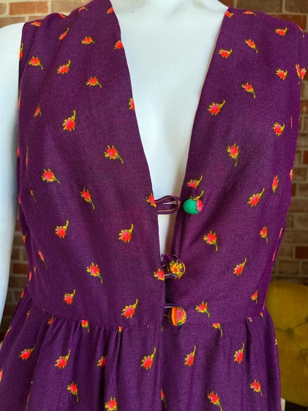 1970s Purple Roses Maxi Dress