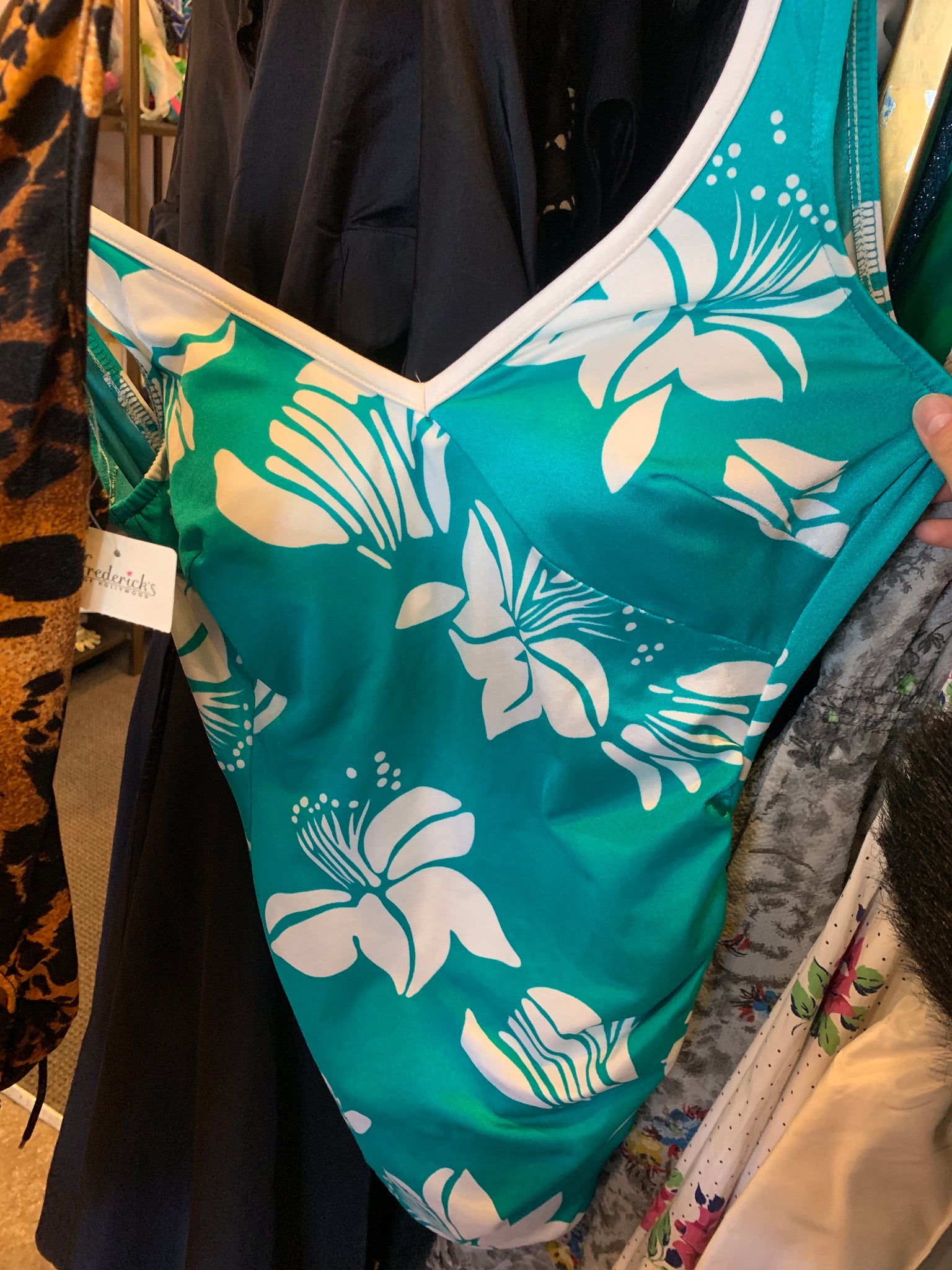 1970s Turquoise and Hibiscus Bullet Bra Swimsuit