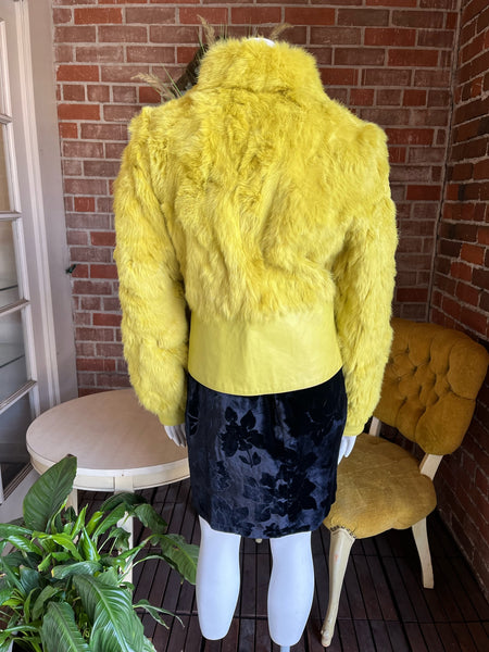 Y2K Chartreuse Rabbit and Leather Trim Fur Jacket