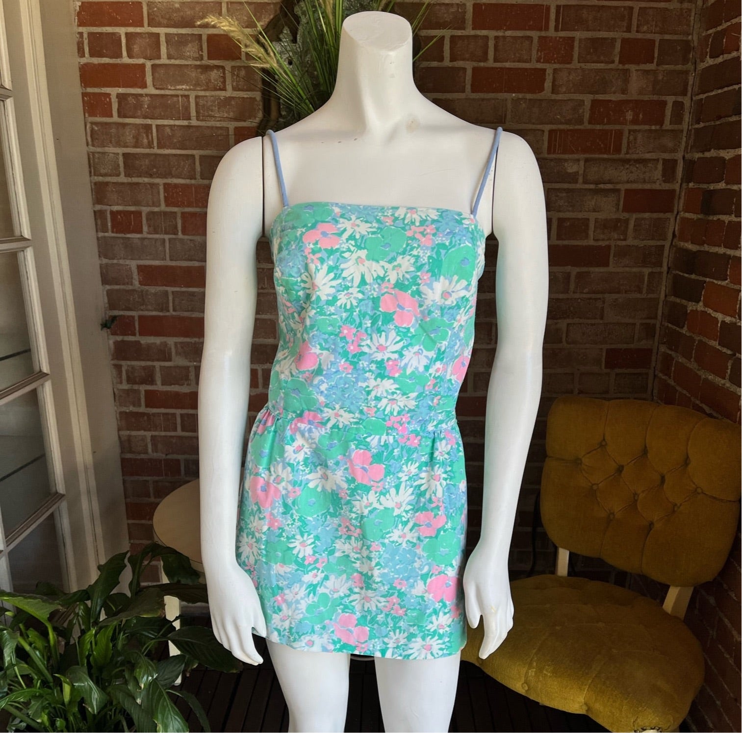 1980s mini dress 1980s Blue Floral Mini Dress