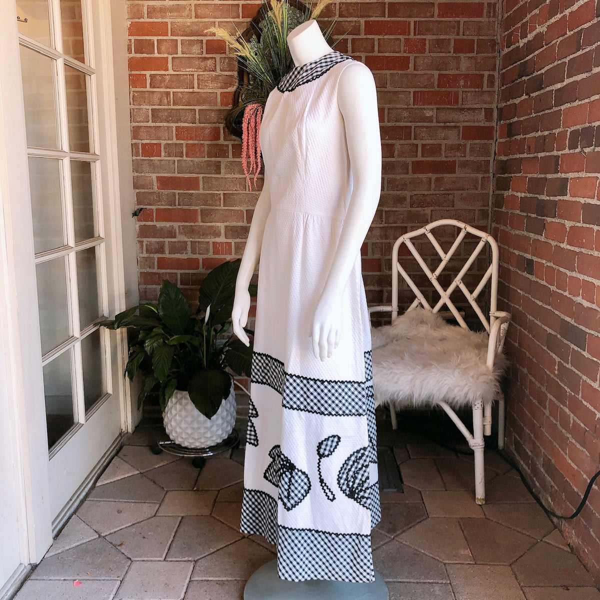 1960s Pique Cotton Gingham and Rick Rack Maxi Dress
