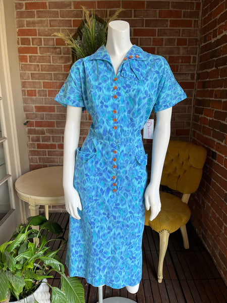 1950s Blue Vines Dress
