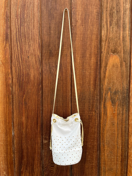 1980s White and Gold Studded Drum Crossbody Purse