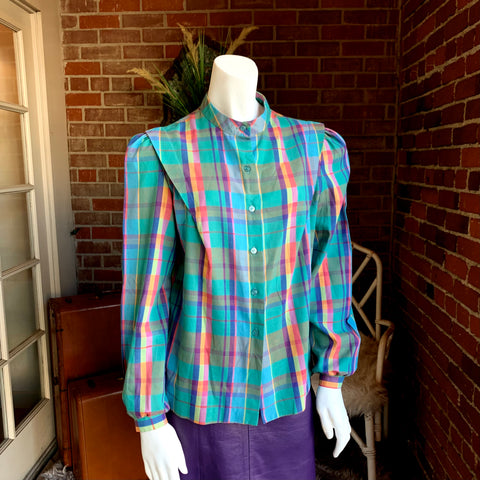 1980s Pastel Plaid Mandarin Collar Blouse