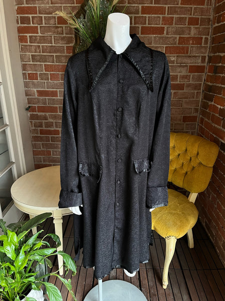 1990s Dagger Collar Goth Black Coat Dress