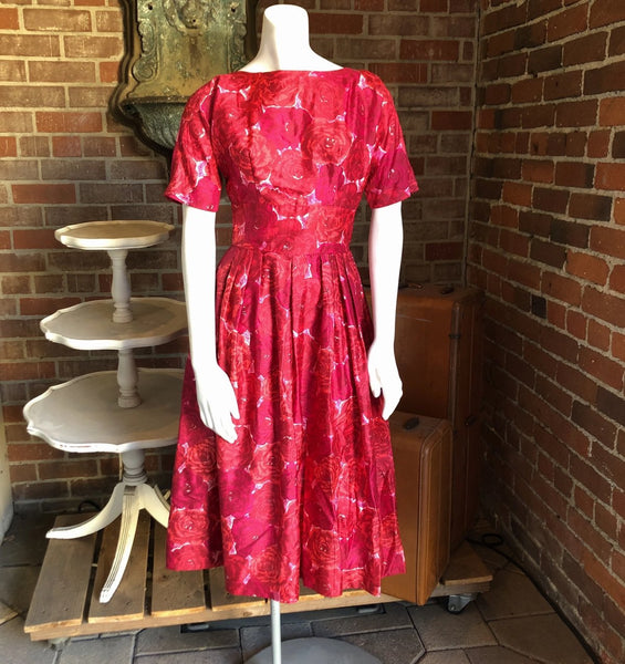 1960s Silk Fuchsia Roses Dress