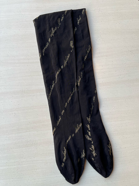 1980s French Sheer Black and Gold Lettering Panty Hose