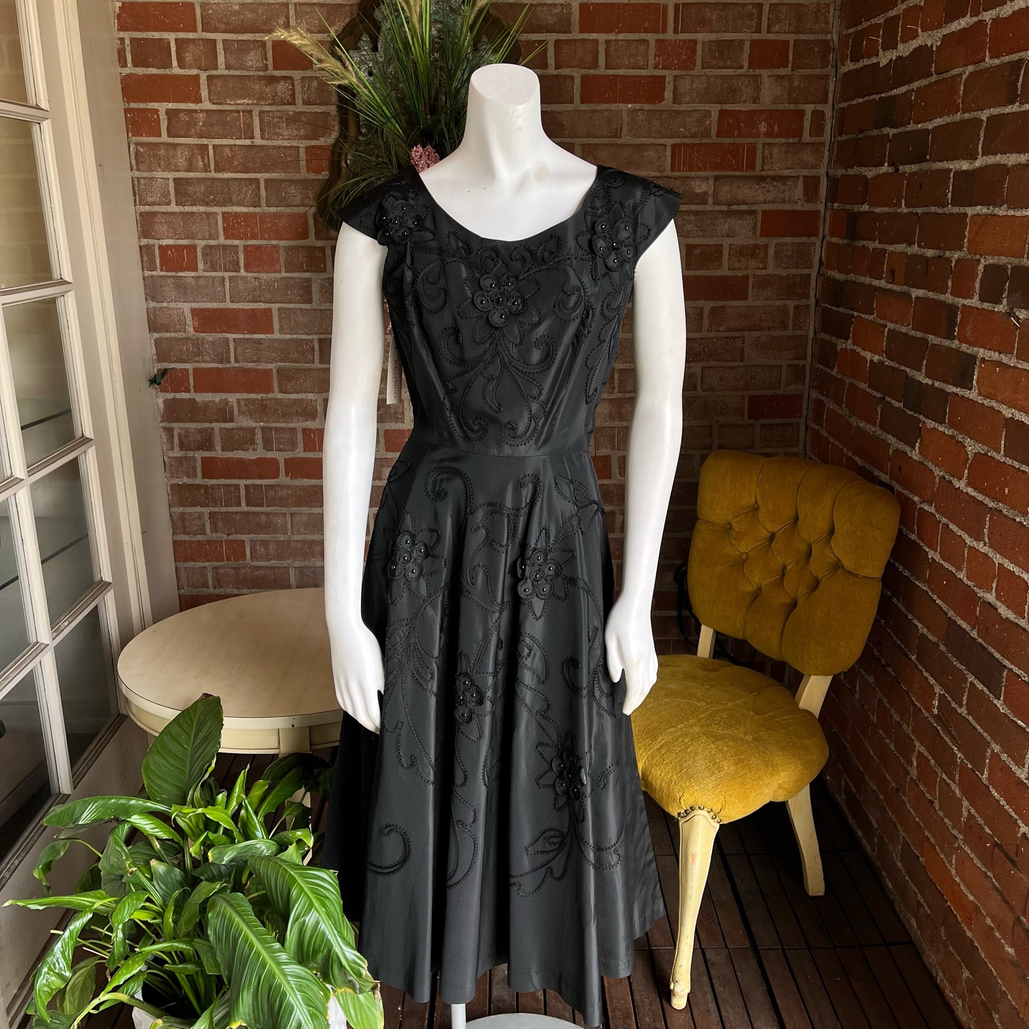 1950s Black Satin Soutache Dress