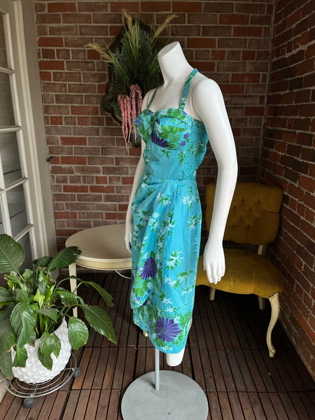 1950s Waltah Clarke Blue Hawaiian Dress