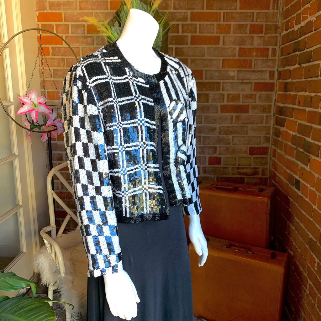 1980s Sequin and Silk Checkerboard Jacket