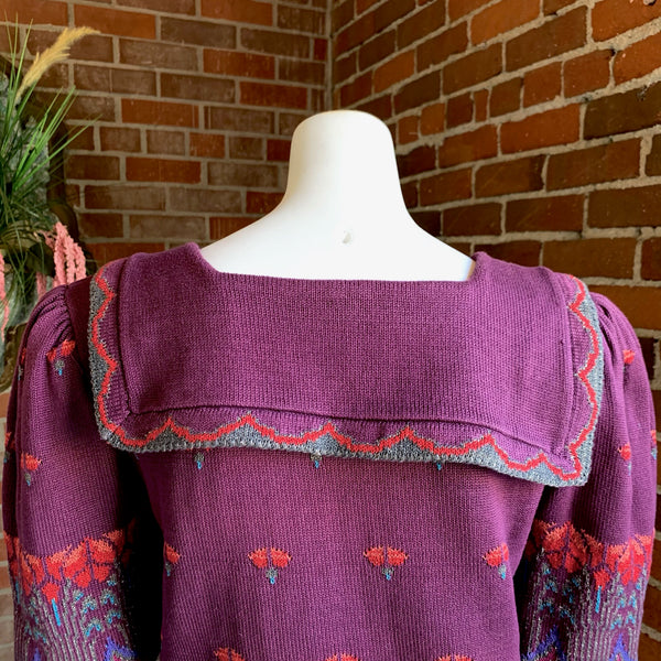 1980s Plum Floral Metallic Sweater