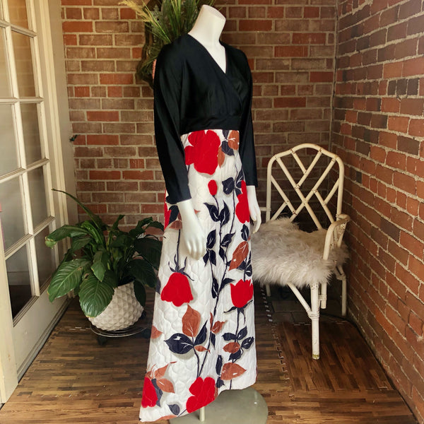 1970s Quilted Roses Maxi Dress