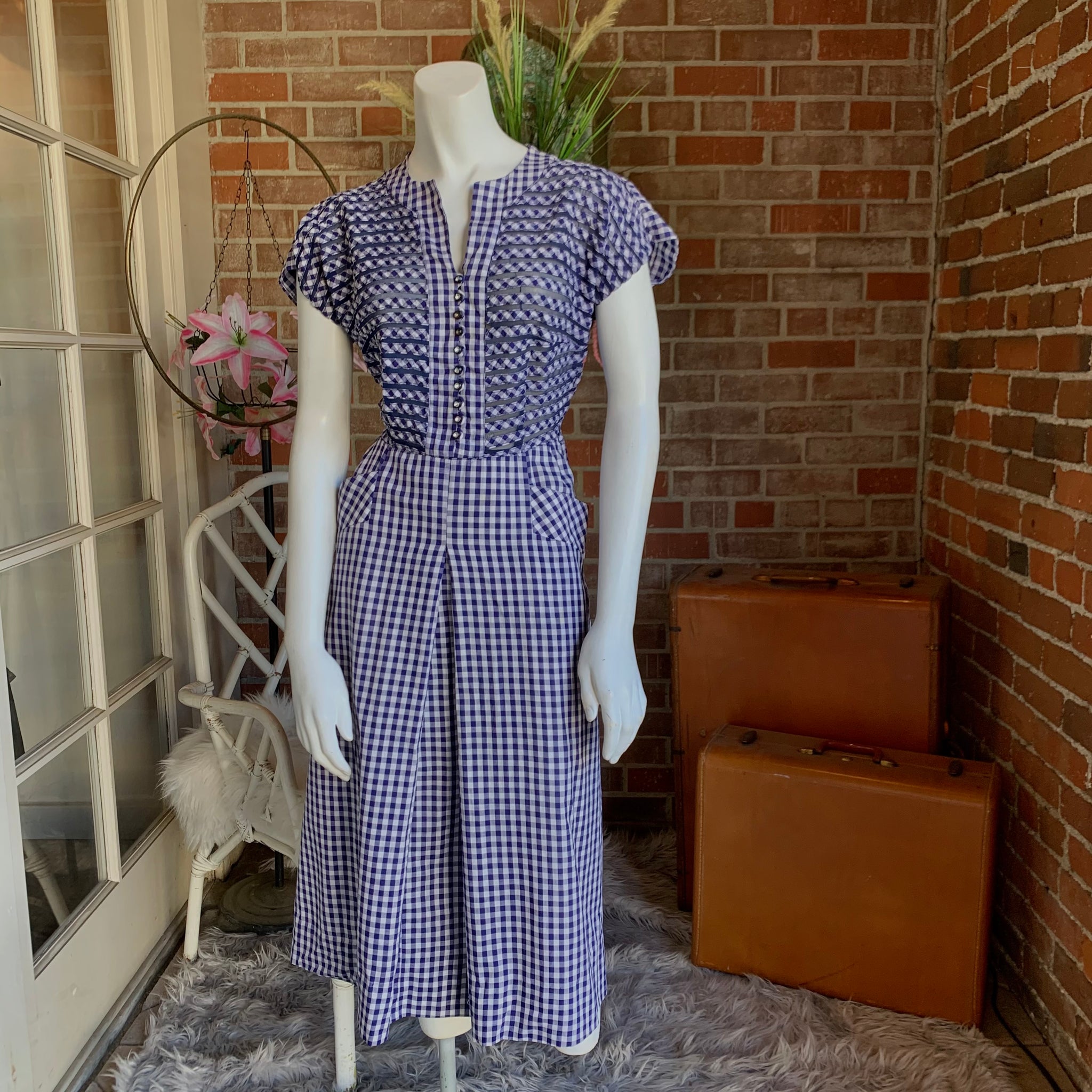 1940s Blue Cotton Gingham Dress