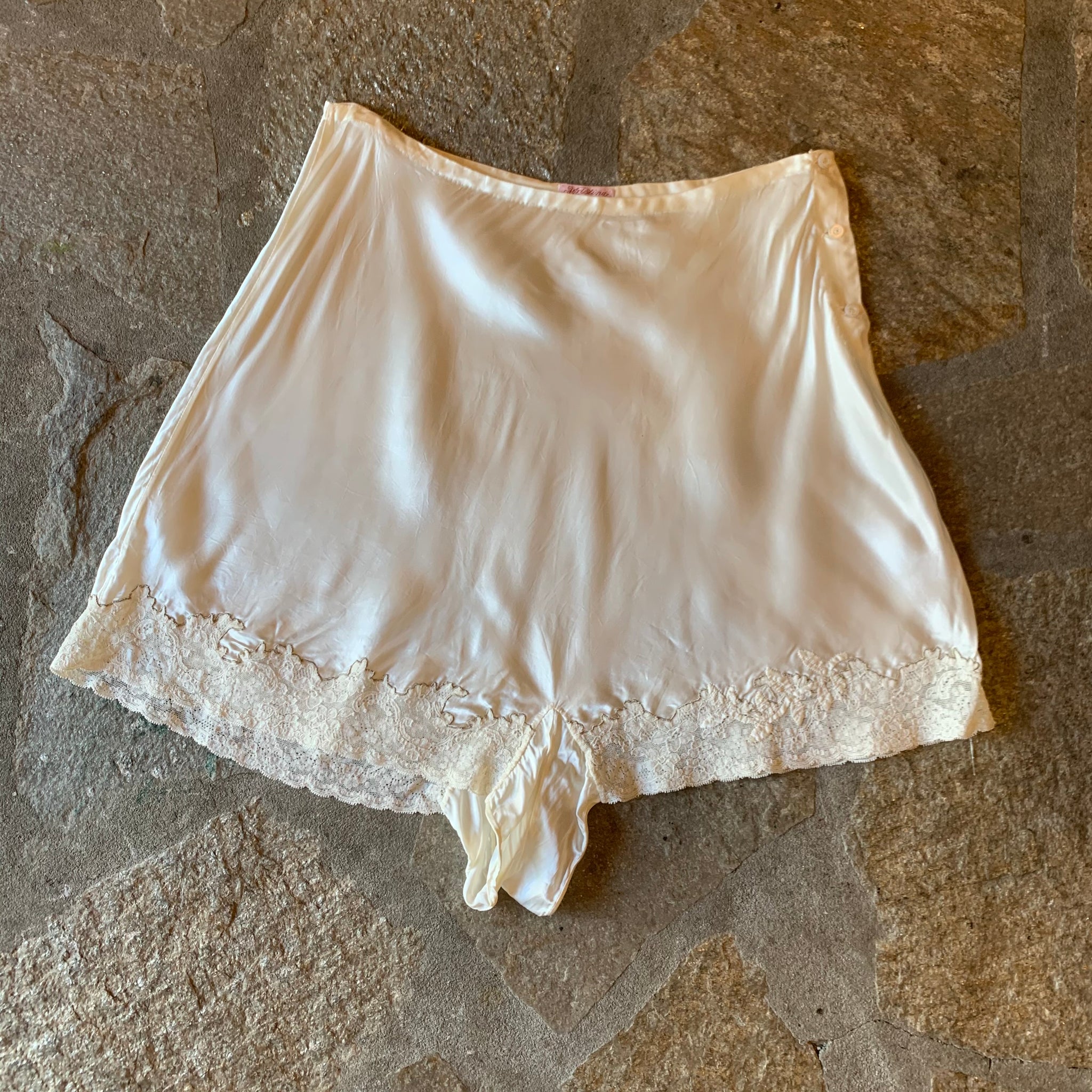 Vintage White Silky Slip Shorts with Lace Detail