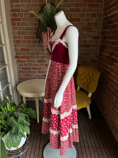 1970s Red Velvet and Floral Prairie Dress