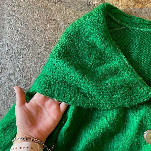 1950s Kelly Green Mohair Shawl Collar Sweater