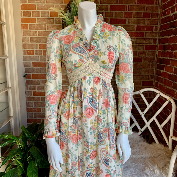 1970s Ruffled Floral and Crochet Maxi Dress