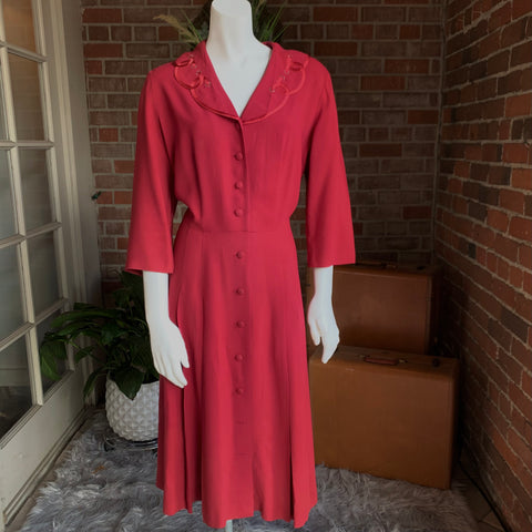 1940s Cranberry Red Rayon Crepe Dress