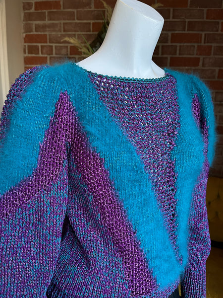 1980s Purple and Teal Knit Angora Striped Sweater