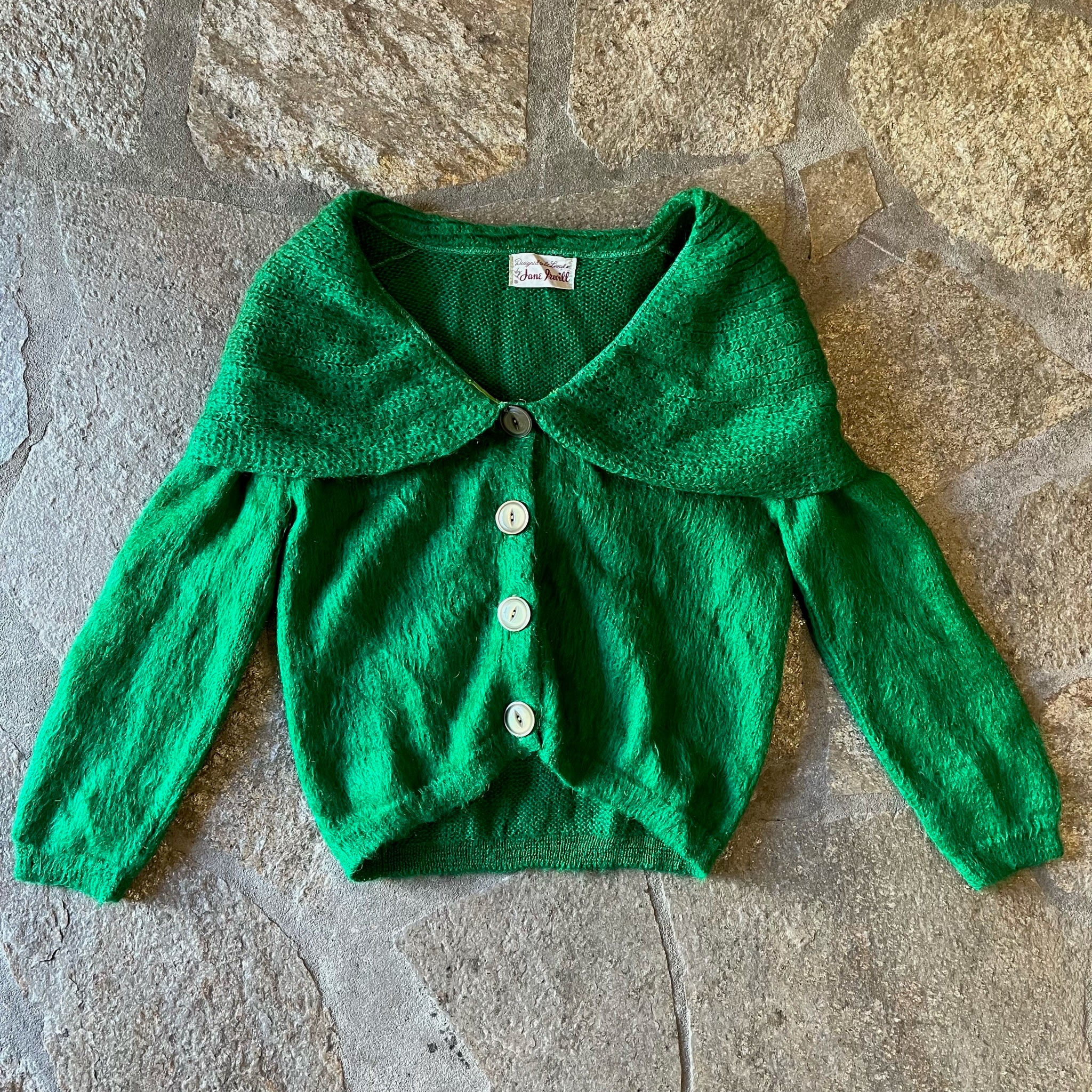 1950s Kelly Green Mohair Shawl Collar Sweater