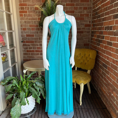 1970s Turquoise Halter Top Maxi Dress