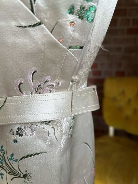 1950s Silk Satin Brocade Floral Dress