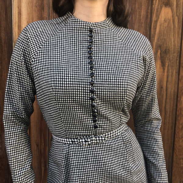 1950s Dolman Sleeve Gingham Wool Dress