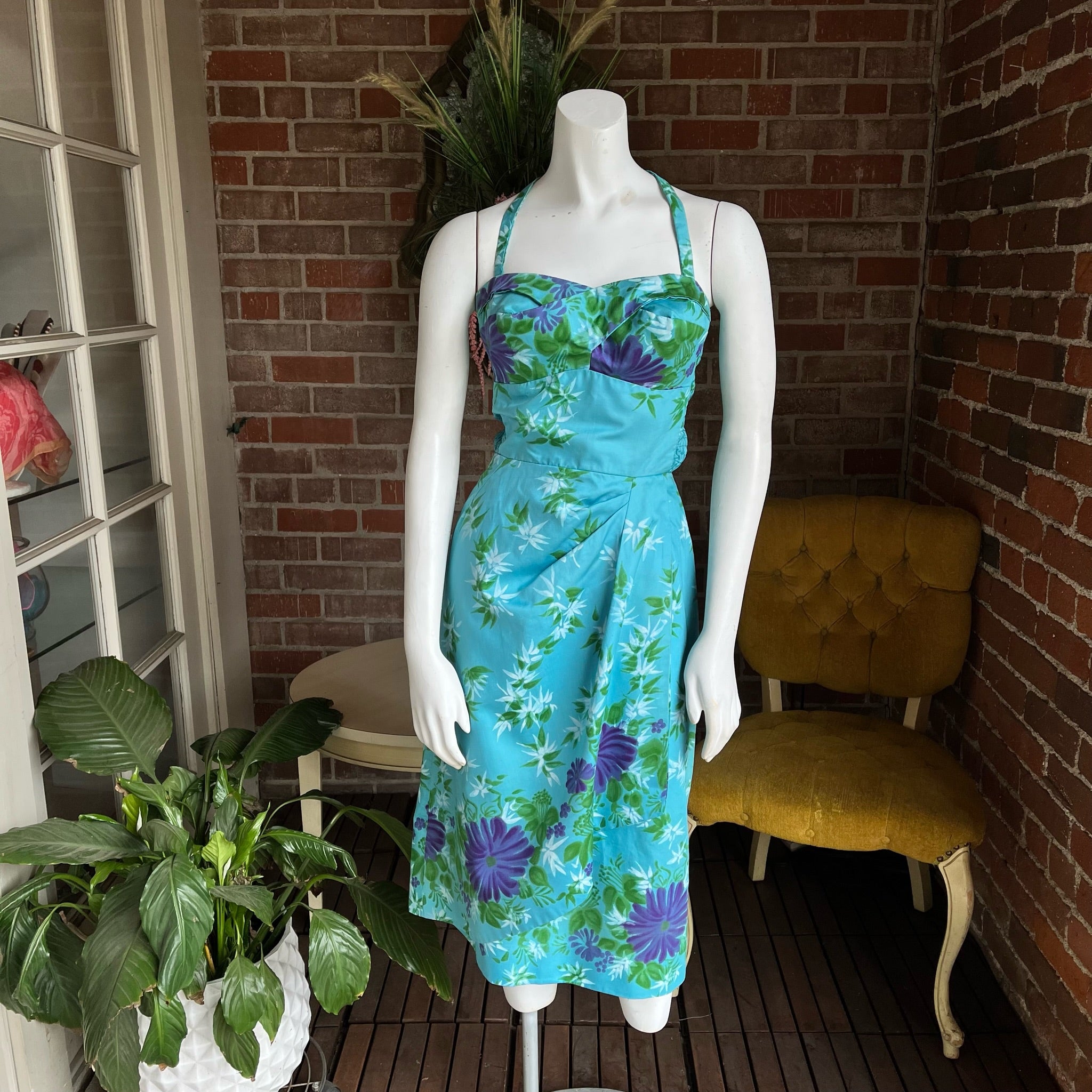 1950s Waltah Clarke Blue Hawaiian Dress