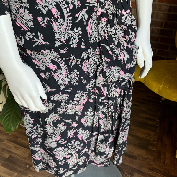 1940s Black and Pink Garden and Cranes Dress