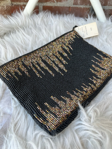 1980s Deadstock Black and Gold Beaded Clutch