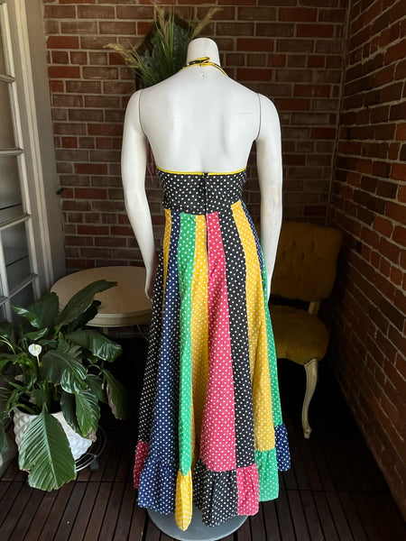 1970s Rainbow Polka Dot Maxi Halter Dress
