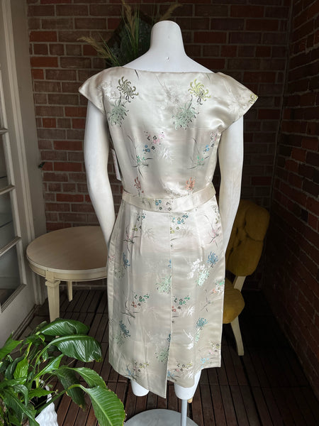 1950s Silk Satin Brocade Floral Dress