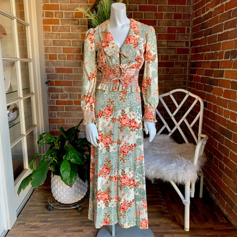 1970s Roses Nylon Maxi Dress & Jacket