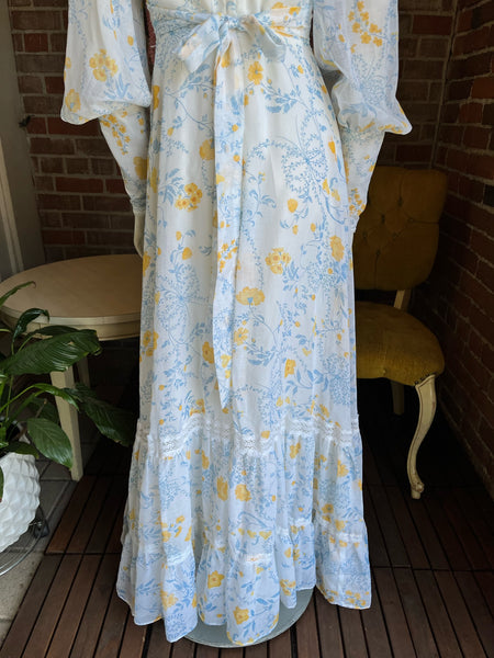 1970s Blue Floral Gunne Sax Maxi Dress