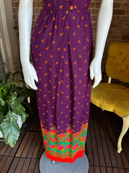 1970s Purple Roses Maxi Dress