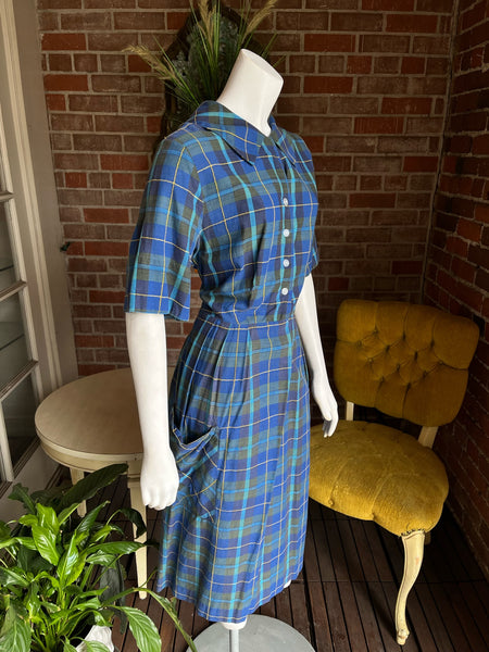 1950s Blue Plaid Dress