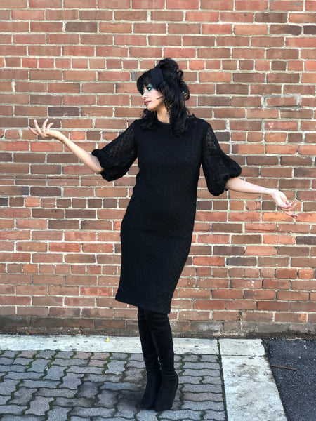 1960s Black Knit Dress Structured Sleeves